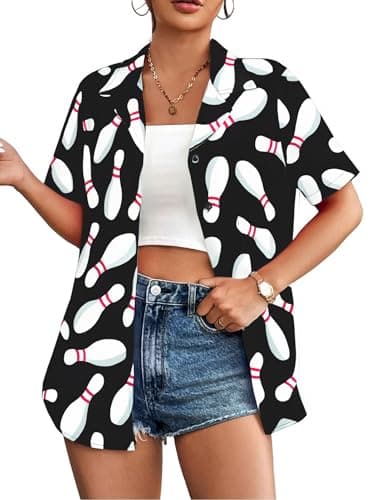 Bowling Shirts for Women Hawaiian Bowler Short Sleeve Button Up Shirt Casual Beach Summer Tee Black - Image 1