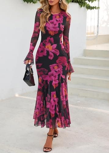 Lazysmile Women's Long Sleeve Floral Maxi Dresses Fall Formal Crewneck Bodycon Mesh Ruffle Wedding Guest Cocktail Party Dress Black Rose Red - Thumbnail 6