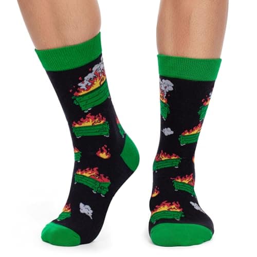 COZYMATE Funny Dumpster Fire Crew Socks for Men Novelty Socks for Cowokers Boss Office Gag Gifts (US, Alpha, One Size, Regular, Regular, Green&Black) - Image 1