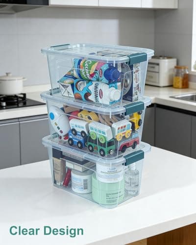 Storage Bins with Lids 6 Pack Clear Storage Containers, 7 Quart Stackable Plastic Containers with Secure Buckle Latch, Durable Storage Box Organizer for Pantry, Closet, Office & Classroom, Blue - Thumbnail 3