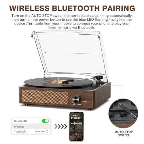 Bluetooth Vinyl Record Player,3-Speed Turntable with Stereo Speakers Vintage Phonograph Record Player, with RCA Line Out AUX in Headphone Jack Coffee Wood - Thumbnail 3