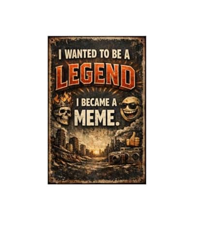 I Wanted To Be A Legend I Became A Meme Metal Tin Wall Plaque Vintage Funny Quote Urban Grunge Art Skull Camera City Scene 8x12 Inch Decor