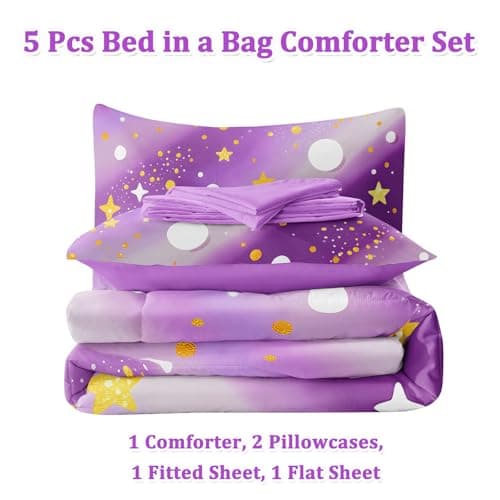 HICAND 5 Pcs Twin Bedding Sets for Girls, Purple Glitter Rainbow Bed in A Bag Twin Size Bed Set, Stars Galaxy Bedding Comforter Set for Girls - Thumbnail 2