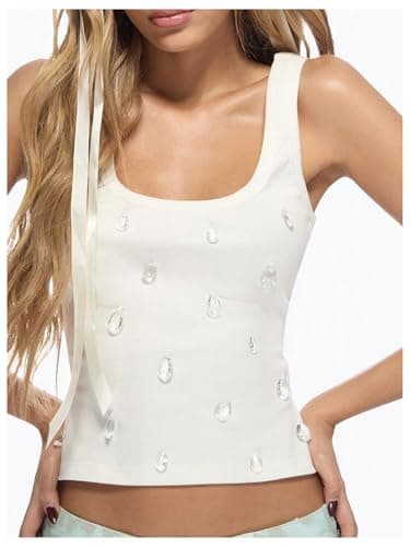 GORGLITTER Women's Glitter Rhinestone Crop Tank Top Scoop Neck Ribbed Knit Slim Tops 2026 Dressy Going Out Top White Medium - Thumbnail 2