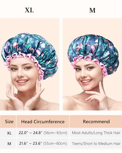 mikimini Large Shower Cap for Women Long Hair, Flamingo Shower Caps with Pink Lace, Double-layer Waterproof, Reusable, Washable,X-Large (Pack of 1) - Thumbnail 2