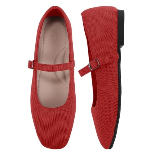VUN Knit Flats for Women - Square Toe Ballet Flats with Adjustable Ankle Strap and Arch Support, Mary Jane Shoes for Dressy Office & Casual Comfort (Red,11) - Image 1