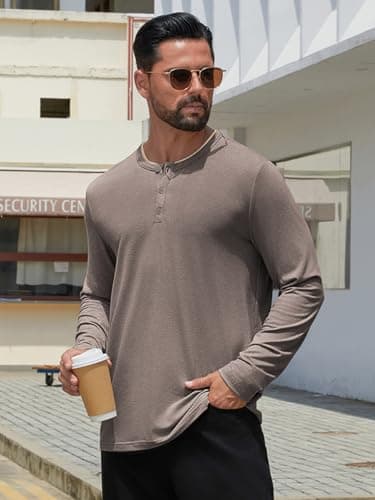 Hardaddy Men's Long Sleeve Henley Shirts Casual Color Block Henley Button T-Shirt Tops Brown XXL - Thumbnail 4