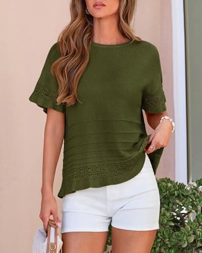 KIRUNDO Short Sleeve Sweater for Women 2026 Spring Summer Tops Crochet Round Neck Ruffled Hem Knit Pullover Casual Blouse(Army Green, XX-Large) - Thumbnail 3