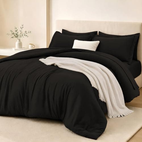 FUANNA Queen Comforter Set Black, 7 Pieces Soft Bedding Sets Queen Size, All Season Lightweight Bed in a Bag with Comforter, Flat Sheet, Fitted Sheet, Pillowcases & Shams - Image 1