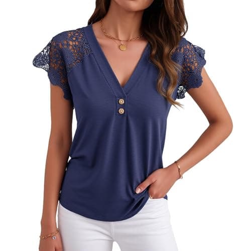 Angashion Womens Tops Lace Short Sleeve Casual V Neck Tunic with Button Summer Elegant Business Work Blouse Navy Blue X-Large - Thumbnail 2