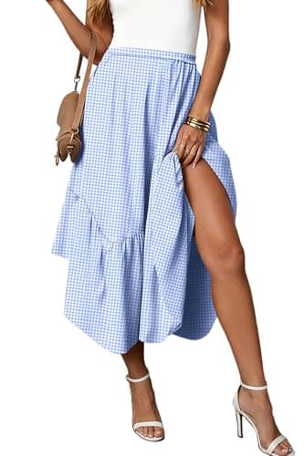 Pink Queen Women’s Plaid Midi Skirt with Pockets Ruffled Hem Elastic High Waist Asymmetrical A Line Flowy Skirt for Casual Resort Wear Sky Blue L - Image 1