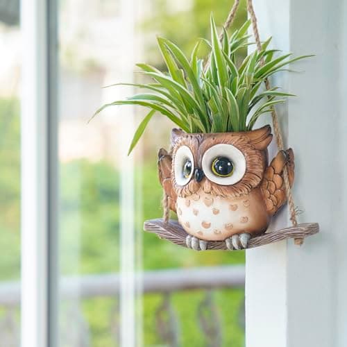 Swing Owl Hanging Planters for Indoor Plants, Cute Small Succulent Pots with Drainage Hole, Unique Resin Plant Hangers Outdoor, Hanging Plant Holder for String Of Pearls, Gift Ideas for Mother - Thumbnail 3