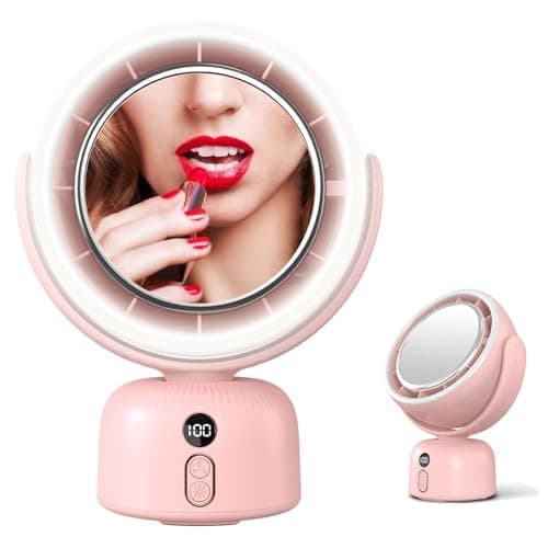 Sunytee 6000mah Rechargeable table Fan, Portable Fan with LED Makeup Mirror 5-Speed Quiet Cooling Fan|3 Level Dimming led vanity mirror with light fan | USB-Powered For Home/Office/Kitchen (Pink) - Image 1