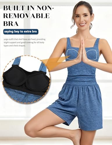 SLIMBELLE Built In Bra Athletic Rompers For Women Summer Square Neck Adjustable Strap Pleated Waist Pockets Short Jumpsuit One Piece Outfits BLUE 2XL - Thumbnail 3