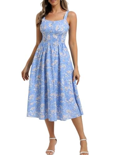 Belle Poque 2026 Summer Blue Floral Dress for Women Sleeveless A-line Sundress Elegant Midi Flowy Beach Dress Medium - Image 1