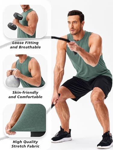 PINSPARK Men's Tank Tops Quick Dry Bodybuilding Muscle Shirts Lightweight Breathable Sleeveless Shirts Athletic Gym Workout Tank L Green - Thumbnail 4