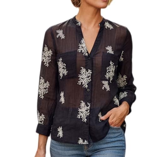Women's Long Sleeve Sheer Floral Embroidered See Through Button Down Blouse Lightweight Boho V Neck Shirts Medium YG010 Black M - Image 1