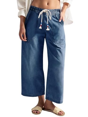 Cicy Bell Women's Wide Leg Jeans Casual Drawstring High Wasit Boyfriend Loose Baggy Capri Denim Pants with Pockets Navy - Image 1