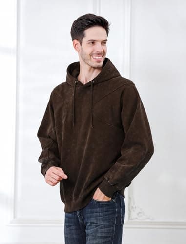 INVICTUSY Men's Oversized Hoodie Pullover Acid Wash Plush Cotton Hooded Fleece Sweatshirt Streetwear Unisex Casual Hoodies C Brown - Thumbnail 2