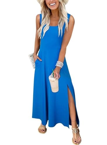 Acelitt Summer Dresses for Women 2025 Casual Crew Neck Sleeveless Sundresses Beach Vacation Clothes with Pockets Blue Medium