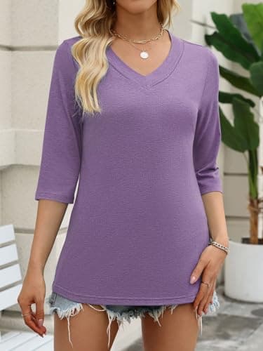 YESTTO Womens Tops 3/4 Sleeve V Neck Tunic Tops Casual Loose Fit Shirts Soft Lightweight Blouses Summer Dressy Basic Tees - Thumbnail 2
