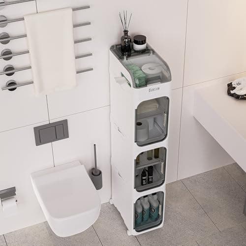 BINSIO 4-Tiers Toilet Paper Storage, Slim Bathroom Organizers and Storage, Bathroom Counter Organizer, Bathroom Organizer Storage Cabinet, Portable Laundry Room Organization, Plastic White Clear Doors - Thumbnail 5