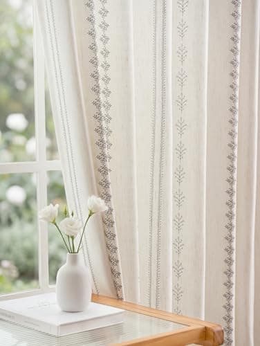 THREE GIRLS Pinch Pleated Grey Floral Block Print Curtains 96 Inches Long, Vintage Boho Linen Blend Drapes for Bedroom Living Room, 2 Panels Set - Image 1