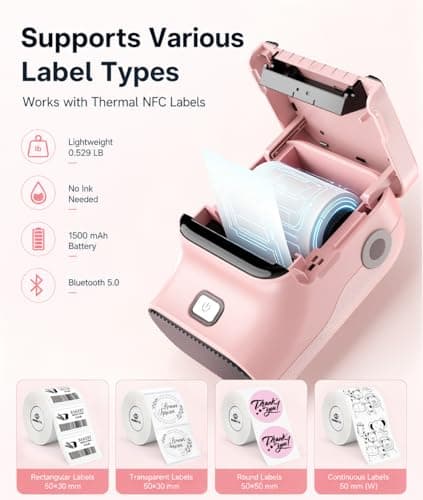Rongta Mini Sticker Printer, Bluetooth Thermal Label Printer, Portable Inkless Label Maker Suitable for Creative Kids DIY, Diaries, Study Notes, Pink - Thumbnail 2