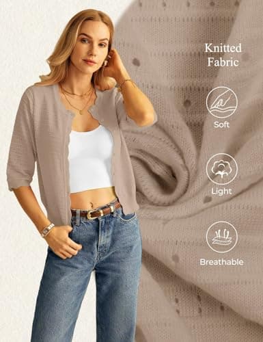 GRACE KARIN Womens Short Sleeve Cardigan Sweater, Lightweight Summer Cardigan Trendy, Crochet Knit Boho Bolero Shrugs Khaki - Thumbnail 6