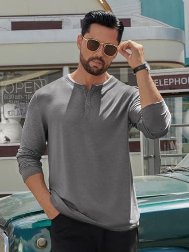 Hardaddy Men's Long Sleeve Henley Shirts Casual Color Block Henley Button T-Shirt Tops Deep Gray XXL - Thumbnail 5