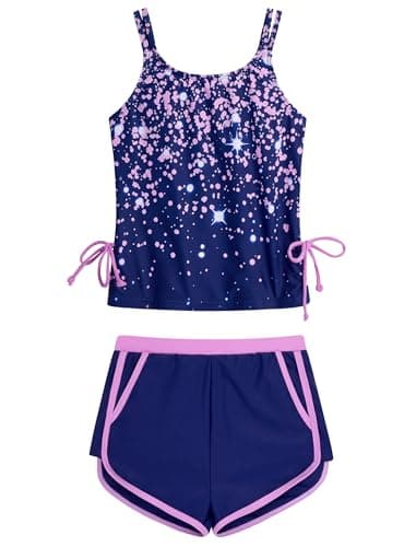 HOZIY Two Piece Girls Tankini Swimsuit Size 7-8 Kids Adjustable Twist Strap Bathing Suits with Shorts Summer Beach Purple Gradient Sequins Swimwear - Image 1