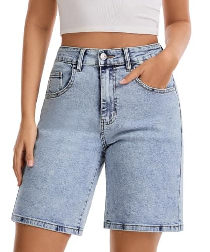 VIPONES Bermuda Jorts for Women High Waisted Denim Shorts Pocket Long Stretch Baggy Jean Shorts Relaxed Fit Blue Summer Shorts for Women 2026(5812, M) - Image 1