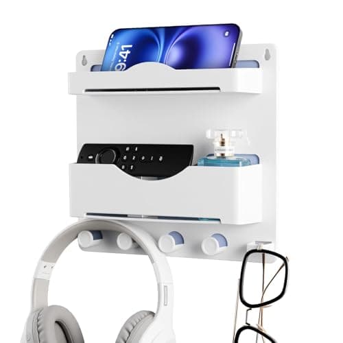 JUMEIHUI Bedside Wall Shelf Organizer with Glasses Hook, Adhesive Floating Shelf for College Dorm Room Essentials, Cute Room Decor Aesthetic, Teen Girls Bedroom Storage for Phone Kindle Remote - White - Image 1