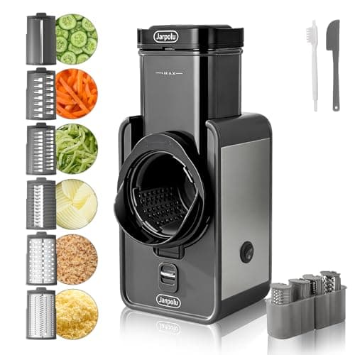Jarpolu Electric Cheese Grater, Rotating Vegetable Shredder Machine, Potato Slicer with 6 Stainless Steel Blades, Multifunctional Kitchen Tool for Fruits, Nuts, Dark Grey - Image 1