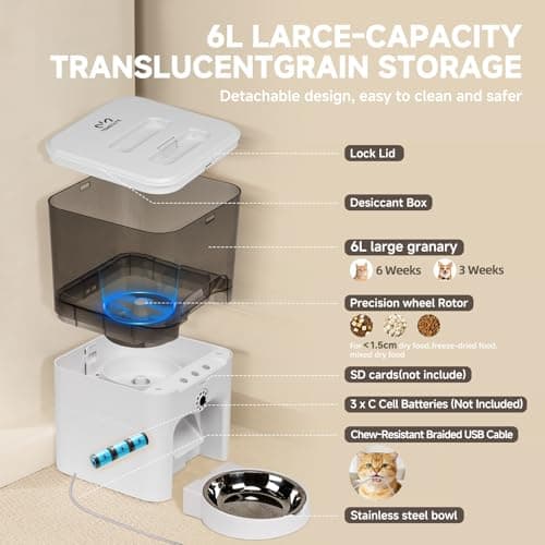 TENECUTE Automatic Cat Feeder with Camera, 6L Cat Food Dispenser, Scheduled Auto Pet Feeder, Smart App Remote Monitoring with Night Vision, 5G/2.4G WiFi, Low Food Alerts,2-Way Audio - Thumbnail 6