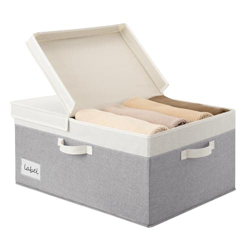 GRANNY SAYS Decorative Storage Boxes with Lids, Collapsible Large Closet Storage Bins with Label, Fabric Storage Bins for Clothes, White&Gray - Image 1