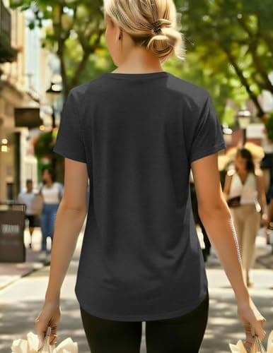 MAPICK Women’s Short Sleeve Workout Shirt Yoga Top Gym Tee Summer Athletic Casual Loose Fit T-Shirt Dark Grey - Thumbnail 5