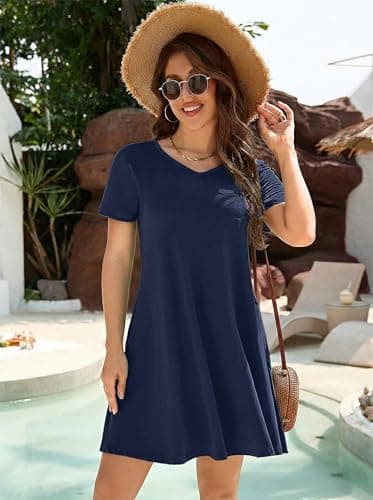 KORSIS Dresses for Women Casual T-Shirt Summer Short Sleeve A Line Sundress Swing Flowy Work Vacation Sundress with Pockets Navy Blue S - Thumbnail 3