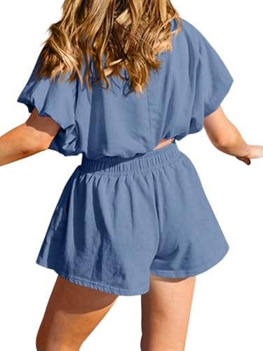 Jenisso Womens 2 Piece Shorts Sets Summer Bubble Crop Tops Casual Loose Lounge Set 2026 Travel Outfits - Thumbnail 5