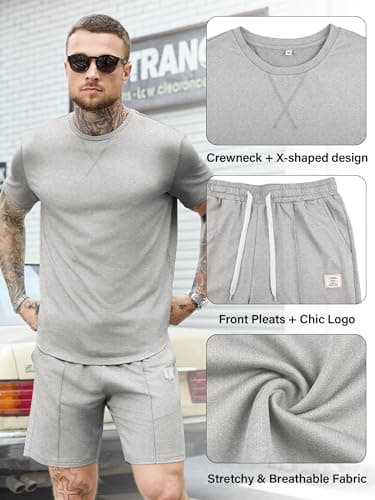 JEMLDL Mens 2 Piece Summer Outfits, Short Sleeve T Shirt & Shorts Loungewear Set, Comfortable Casual Travel Tracksuit Gray M - Thumbnail 2