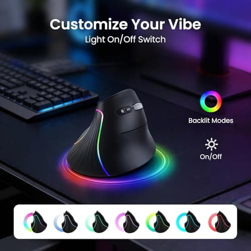 Wireless Ergonomic Vertical Mouse, Rechargeable Tri-Mode (Dual Bluetooth + 2.4G USB) Optical Mouse with Adjustable RGB Lighting, Multi-Device Control for Laptop, PC, Mac, iPad, Desktop (Dark Black) - Thumbnail 5