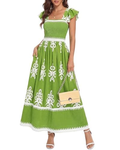 BTFBM Summer Dresses for Women 2026 Casual Floral Boho Sleeveless Square Neck A Line Flowy Beach Maxi Sundress Pockets(Green Flower, Medium) - Image 1