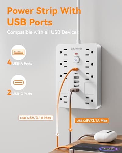 Bawmwim Surge Protector Power Strip - 8 Outlets(1850W/15A) with 6 USB Ports（2 USB C, 6FT Flat Plug Extension Cord, Wall Mount Multi Plug Outlet Extender, ETL Listed for Home, Dorm Room, White - Thumbnail 3