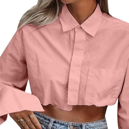Asymmetrical Button Up Tops for Women Casual Long Sleeve Collared Shirts Top Pink XL - Thumbnail 4