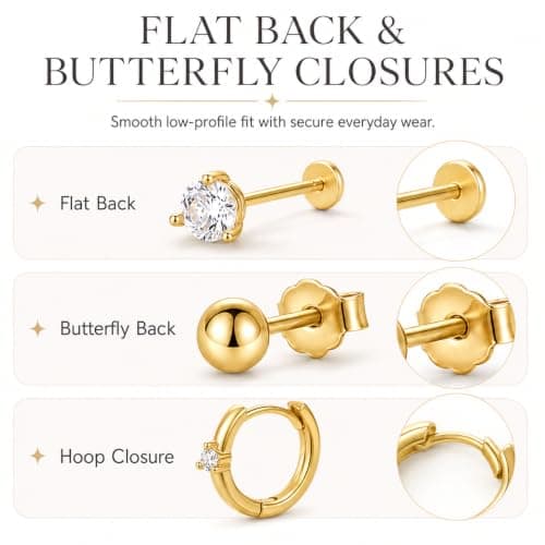 A Lots MiLi 5 Pcs Gold Earring Stack Set for Women - Cartilage Earrings with Flat Back Studs, Huggie Hoop and Dangle Chain Earrings, Stackable Helix Tragus Conch Piercing Jewelry - Thumbnail 4