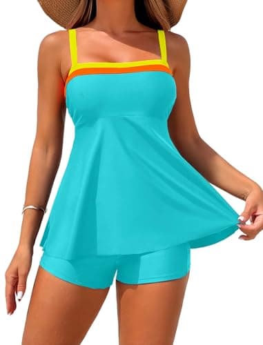 ZAFUL Swim Suits for Women 2025 Tankini with Shorts Two Piece Bathing Suits Color Block Flowy Ruffle Swimwear Aqua Green XXL - Image 1