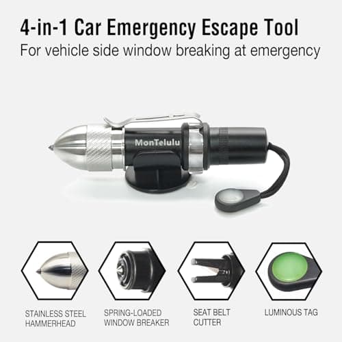 MonTelulu 4-in-1 Car Emergency Escape Tool, Spring-Loaded Window Breaker & Seatbelt Cutter with Tungsten Steel Hammerhead, Anti-Slip Luminous Design, with Practice Glass & Visor Clip (Black 1 Pack) - Thumbnail 2