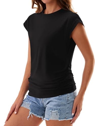 GKBK Womens Summer Tops Ruched Cap Short Sleeve Tshirts Business Fashion Trendy Clothes Outfits Coral M - Thumbnail 2