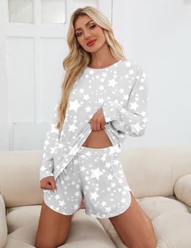 JUSTFASHIONNOW Pajamas for Women Set Shorts Star Print Lounge Set 2 Piece Outfits Comfy Long Sleeve Loungewear Matching Sleepwear Long Sleeve Top and Shorts Fall Winter (Grey, X-Large) - Thumbnail 4