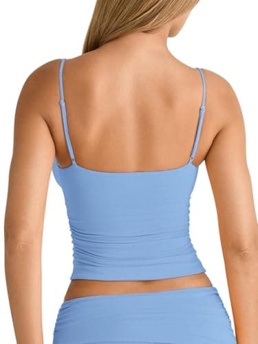 PINKMSTYLE Sexy Deep V Neck Ruched Tank Tops Sleeveless Double Lined Tops Summer Y2k Going Out Tops for Women Baby Blue X-Small - Thumbnail 6